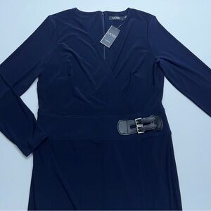 Ralph Lauren Black Label V-Neck Dress Womens 14 Navy Blue Long Sleeve Midi.  NEW